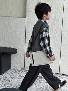 DAZY Áo len cổ chữ V cho bé trai, dáng rộng, màu trơn, phong cách cơ bản, mùa thu - Xám - Xem 4