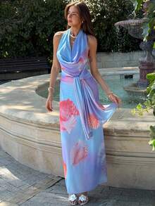 Aloruh Summer Holiday Deep V Neck Halter Slit Tight Mesh Dress For Women With Oceanic Print - Multicolor - View 3