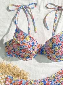 Swim Mod 女式 2 件套碎花细肩带露背比基尼上衣和高开叉比基尼下装，性感比基尼套装，夏季适用 - 彩色 - 查看 3