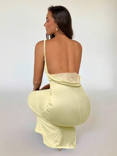 Aloruh Women's Sexy Evening Gown Party Dress, Solid Color Plunging Neckline Backless Lace Patchwork Bodycon Maxi Fishtail Dress