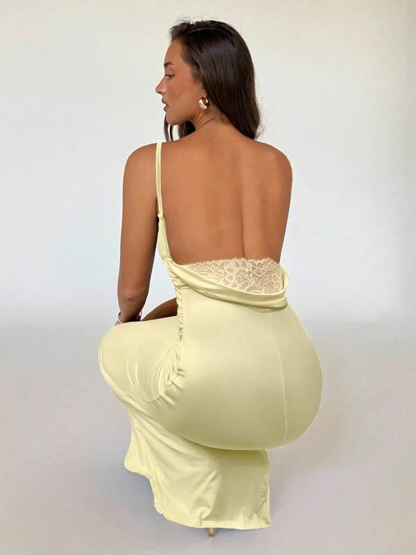 Aloruh Women's Sexy Evening Gown Party Dress, Solid Color Plunging Neckline Backless Lace Patchwork Bodycon Maxi Fishtail Dress