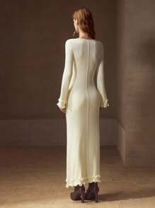MOTF PREMIUM VESTIDO DE SUÉTER DE AJUSTE SLIM SIN CINTURÓN CON MANGAS DE CAMPANA DE PERLA FALSA - Albaricoque - Ver 9