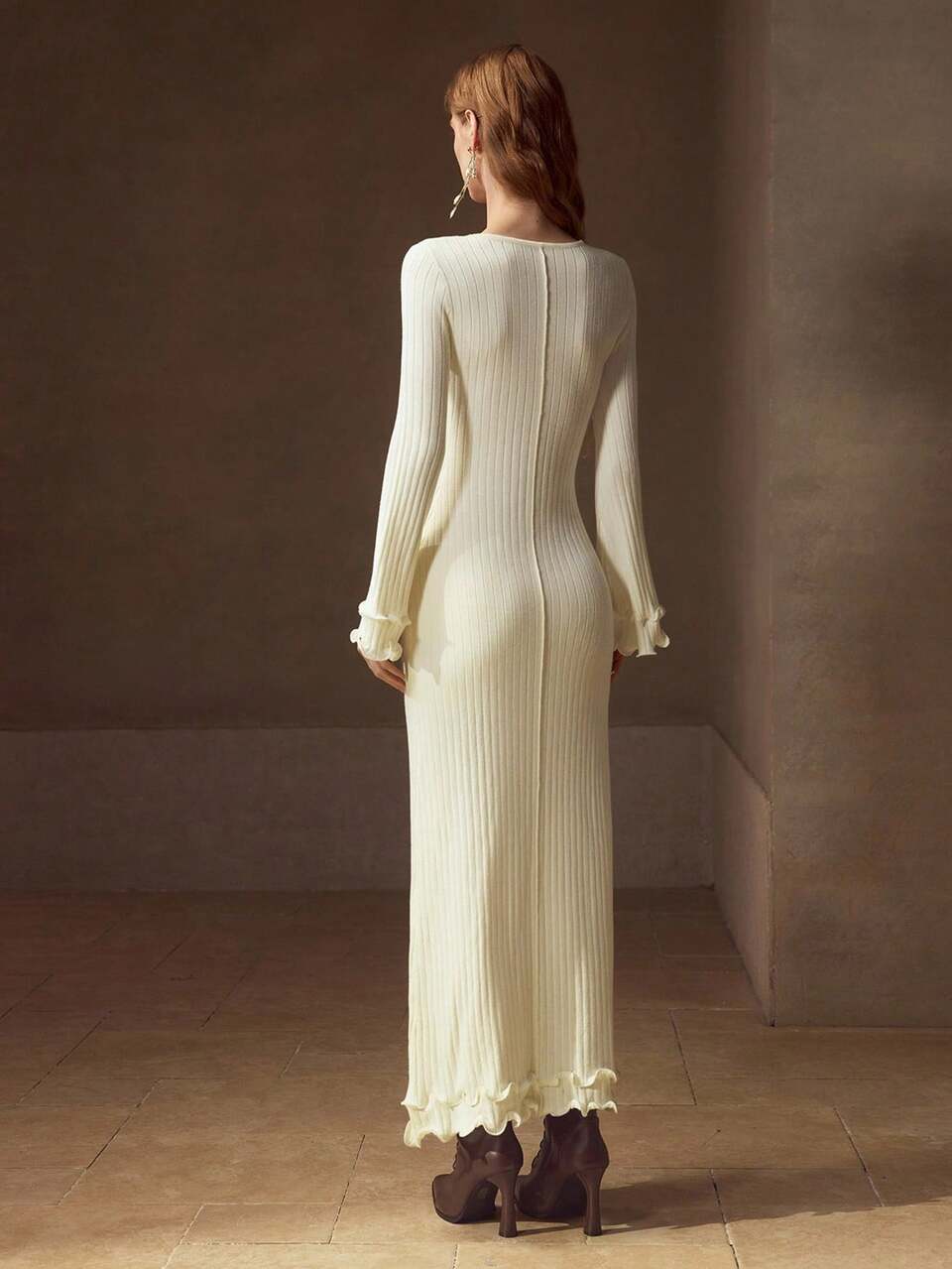 FAUX PEARL BELL SLEEVE SLIM FIT SWEATER DRESS WITHOUT BELT