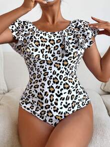 Nuevo traje de baño de una pieza con volantes y estampado de leopardo sexy para vacaciones de mujer - Multicolor - Ver 5