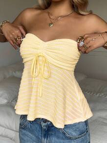 CovetEZ Casual Strapless Knitted Sleeveless Top In Yellow With Ruched Front And Stripes Cute Tube Top Yellow Tube Top - Yellow - View 6