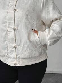 Elenzga 大码中国风纽扣宽松休闲通勤百搭提花夹克大码夹克女装大码女式西装外套中国结夹克 - 杏色 - 查看 7