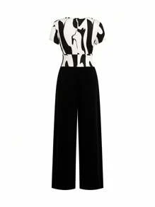 Ellevyn 女士优雅撞色V领交叉裹身短袖连体裤秋季女装度假装女士连体裤