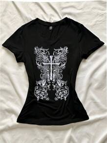 StreetHx Women's Summer V-Neck Tight-Fitting T-Shirt, Gothic Punk Cross Vintage Floral Print Black Tee