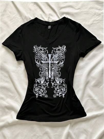StreetHx Women's Summer V-Neck Tight-Fitting T-Shirt, Gothic Punk Cross Vintage Floral Print Black Tee