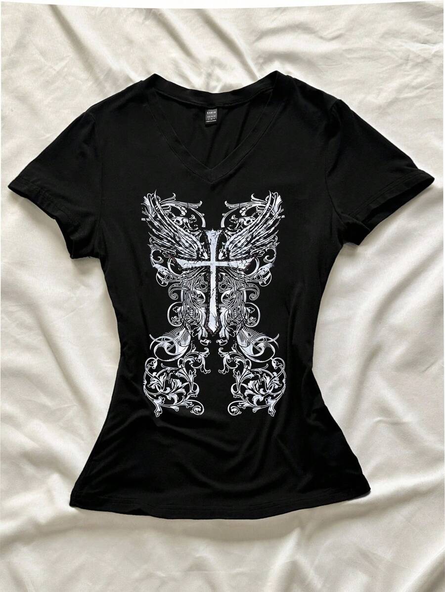 StreetHx Women's Summer V-Neck Tight-Fitting T-Shirt, Gothic Punk Cross Vintage Floral Print Black Tee