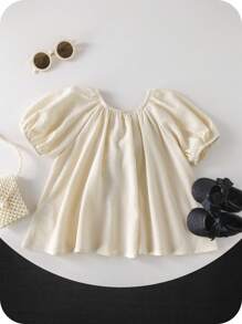 SHEIN Young Girl Woven Plain Round Neck Ruffle Bow Blouse - Apricot - View 2