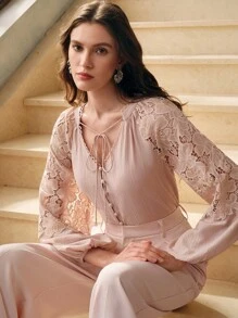 Anewsta Women's Lace Patchwork Fashion Casual Elegant V-Neck Loose Long Sleeve Shirt - Pink - View 1