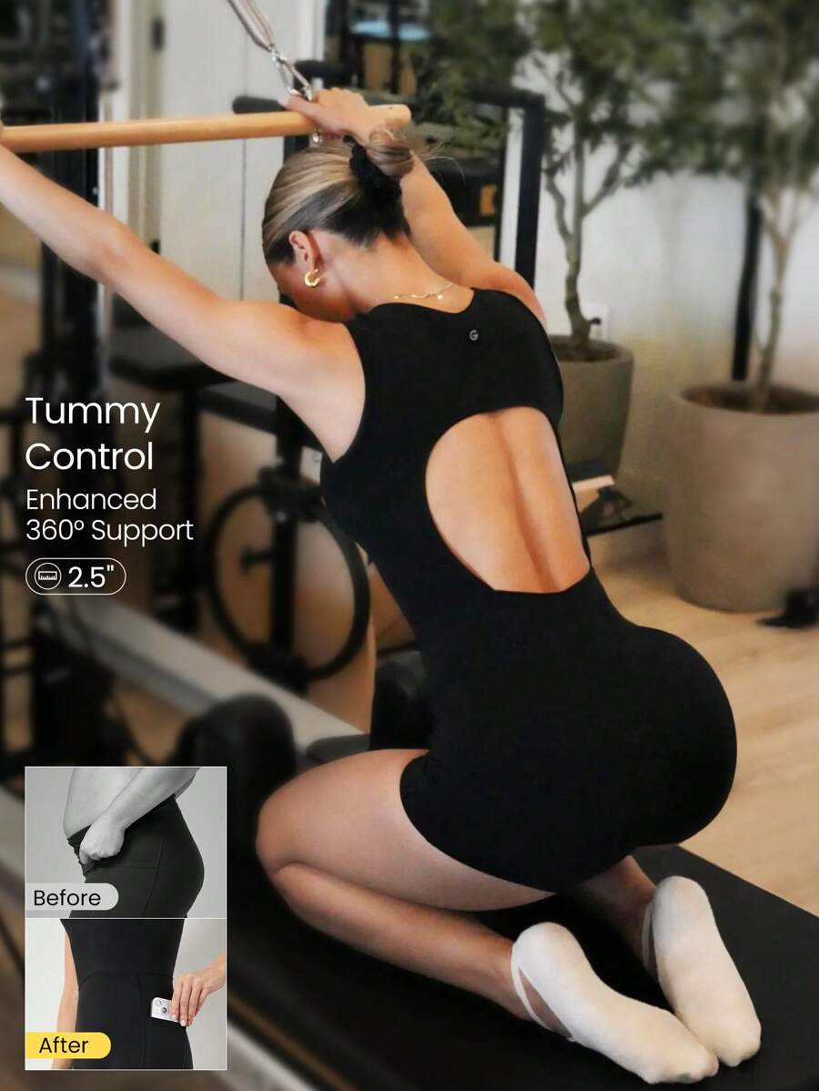 GLOWMODE 2.5'' FeatherFit™-Air Sweat-Wicking Quick-Dry Flow And Go Tummy Control Cutout Back Square Neck Back Athletic Workout Romper Bodyduit With Side Pockets Non-Slip Grips Low Impact Yoga Pilates Studio Daily Casual Wear