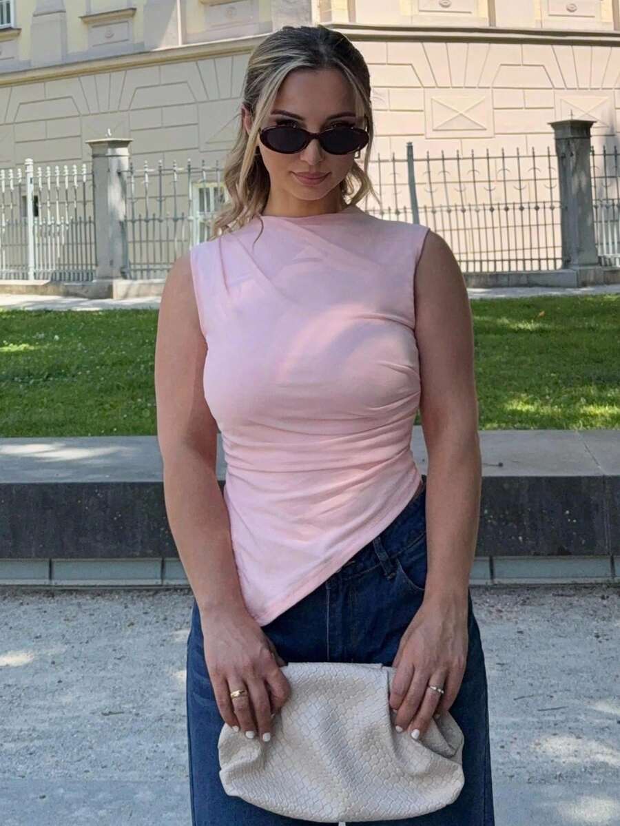 Jeta Ari Women's Casual Solid Color Asymmetric Hem Ruched Camisole Top, Spring/Summer - Coral Pink - View 1
