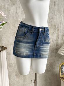 Attitoon Women's Summer Casual Pocketed Mini Denim Skirt,Y2k Jeans Skirt,Vintage Denim Skirt,Low Rise Jeans Skirt,Women's Blue Denim Skirt Sexy Miniskirt Summer Retro Skirt Cowgirl, Back To School - Dark Wash - View 1