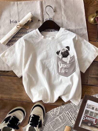 SHEIN 年轻男孩可爱小狗印花短袖休闲 T 恤带假口袋，适合夏季儿童男孩 T 恤儿童白色 T 恤