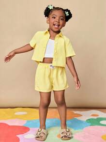 Travachic KIDS 2件套少女纯色条纹休闲衬衫和短裤套装 - 黃色 - 查看 3