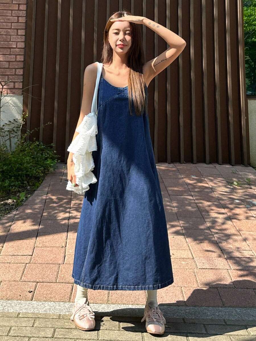 DAZY 女式夏季细肩带长款牛仔休闲连衣裙 - 中等水洗藍 - 查看 1