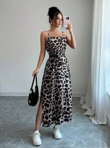 SHEIN LUNE Vestido maxi de verano para mujer con estampado de leopardo, abertura lateral y dobladillo casual - Caqui - Ver 5