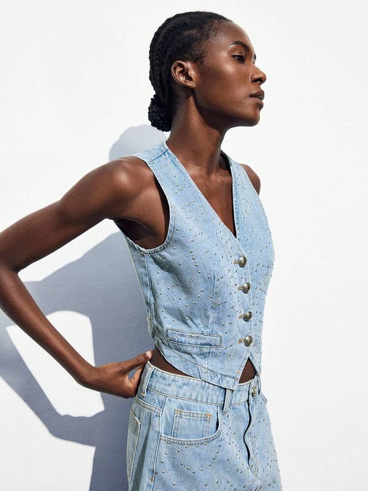 SHEIN Maija Women's Light Blue Denim Top Retro Beaded Sleeveless Vest Jacket Autumn Western Cowboy 2000s Style Fall