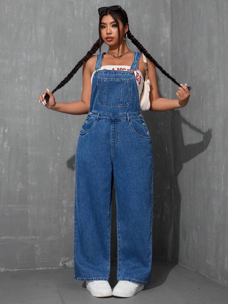 SHEIN CURVE+ Plus Size Women Cowgirl Blue Denim Sleeveless Jumpsuit, Non-Stretchy Casual Overalls For Spring - Blue - View 1