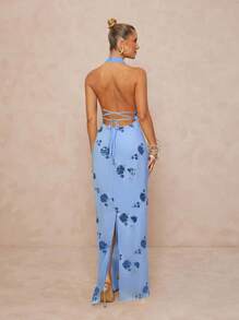 Lumalex 女式亮片刺绣高领腰修身直筒露背系带连衣裙，后开衩 - 藍色 - 查看 2