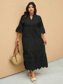 Elaquor Plus Size Solid Color Hollow Out Embroidery Casual Vacation Dress - Black - View 6