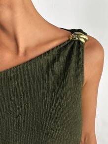 SHEIN EZwear 军绿色提花金属扣装饰不对称肩长裙 - 軍綠色 - 查看 5