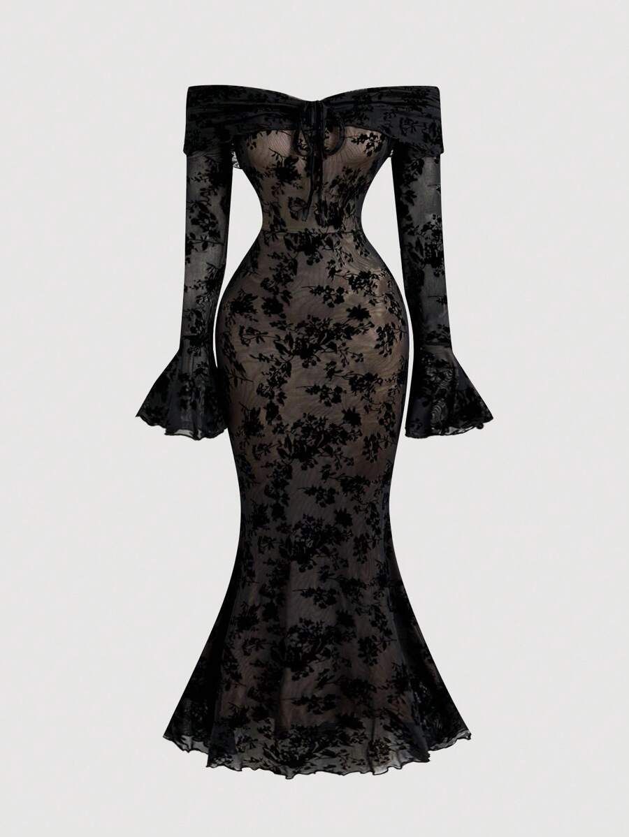 SHEIN MOD 女士露肩长袖前系带修身连衣裙