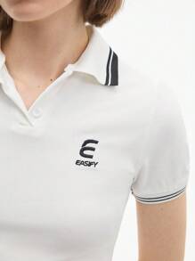 Gameset SHEIN Sport 女式字母条纹短袖日常健身 Polo 衫 - 白色 - 查看 6
