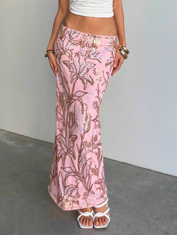 Aloruh Women's Fall Clothes Club Outfits  Old Money Style Streetwear Back To School Clothes Elegant Daily Casual Street Vacation Y2K Country Music Festival Concert Cocktail Birthday  Party Maxi Skirt Pink Sequin Embroidered Romantic Date Night Long Skirt