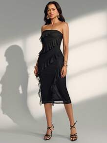 Almamuse Abito nero da donna con balze a strati in rete Almamuse-D