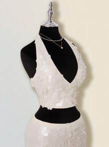 SHEIN ICON Bộ 2 món váy cưới hở vai đính sequin lấp lánh dự tiệc màu sâm panh thanh lịch và váy ngắn cạp thấp dành cho nữ - Màu be - Xem 9