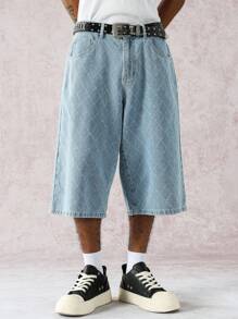 Manfinity Hypemode 男士街头时尚休闲钩针蓝色牛仔短裤 - 淺色水洗藍 - 查看 5