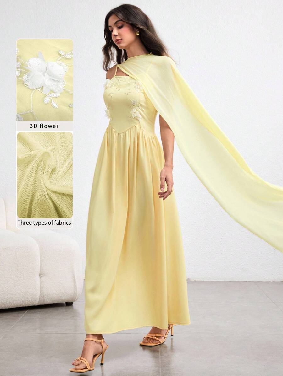 Modelyn Yellow Patchwork Bodycon Dress With Shawl Collar, Flattering, Spring/Summer - Yellow - View 1