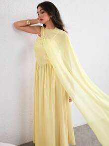 Modelyn Yellow Patchwork Bodycon Dress With Shawl Collar, Flattering, Spring/Summer - Yellow - View 4