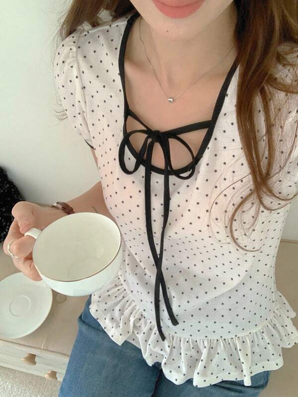 DAZY Women's Fashion Polka Dot Ruffle Hem Round Neck Tie Front Short Sleeve T-Shirt, Summer