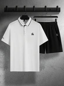 Manfinity Homme 2 件男士休闲纽扣 Polo 衫套装（不对称剪裁）男士两件套休闲短款 Polo 衫套装 - 黑與白 - 查看 3