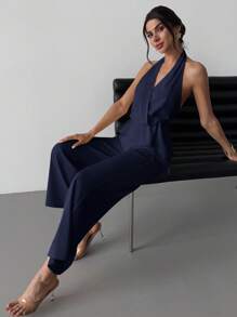 Firerie 女士优雅浪漫休闲两件套 - 无袖交叉 V 领不对称下摆上衣和直筒裤，卡其色 - 适合夏季外出、度假、通勤 - 藏蓝色 - 查看 6