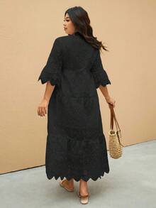 Elaquor Plus Size Solid Color Hollow Out Embroidery Casual Vacation Dress - Black - View 3