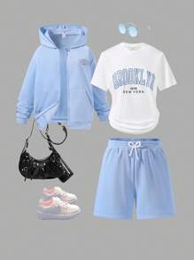 1 套青少年女孩休闲时尚浅蓝色拉链长袖连帽衫和配套短裤，春夏 - 淺色水洗藍 - 查看 3