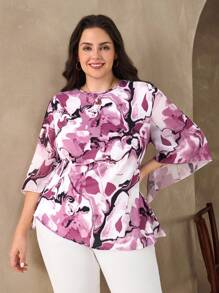 SHEIN Clasi 大码宽松休闲时尚印花女式衬衫，秋季简约复古韩版教师机场旅行复古女式复古教师秋季大码商务休闲女式曲线乡村音乐会波西米亚风衬衫 - 彩色 - 查看 6