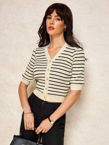 House of One Women's Elegant Casual Striped Button V-Neck Short Sleeve Sweater, Suitable For Summer And Autumn Summer Work Outfits For Women Fall Women Clothes Old Money Office Outfits For Women Fall Outfits Business Professional Women Business Casual Woman