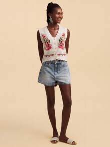 Travachic Women V-Neck Floral Pattern Button Front Sleeveless Sweater Vest, Beach,Spring Break,Vacation,Concert - Apricot - View 4