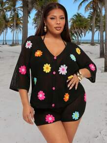 SHEIN SXY Plus Size Women's Sexy Daily Basic Casual Vacation 2pcs/Set With 3D Colorful Flower Crochet V-Neck Short Sleeve Sheer Cardigan Top And Matching Shorts Plus Size Two Piece Summer Two Piece Set Plus Plus Size Crochet Two Piece Set Plus Size Floral Two Piece Set - Black - View 6