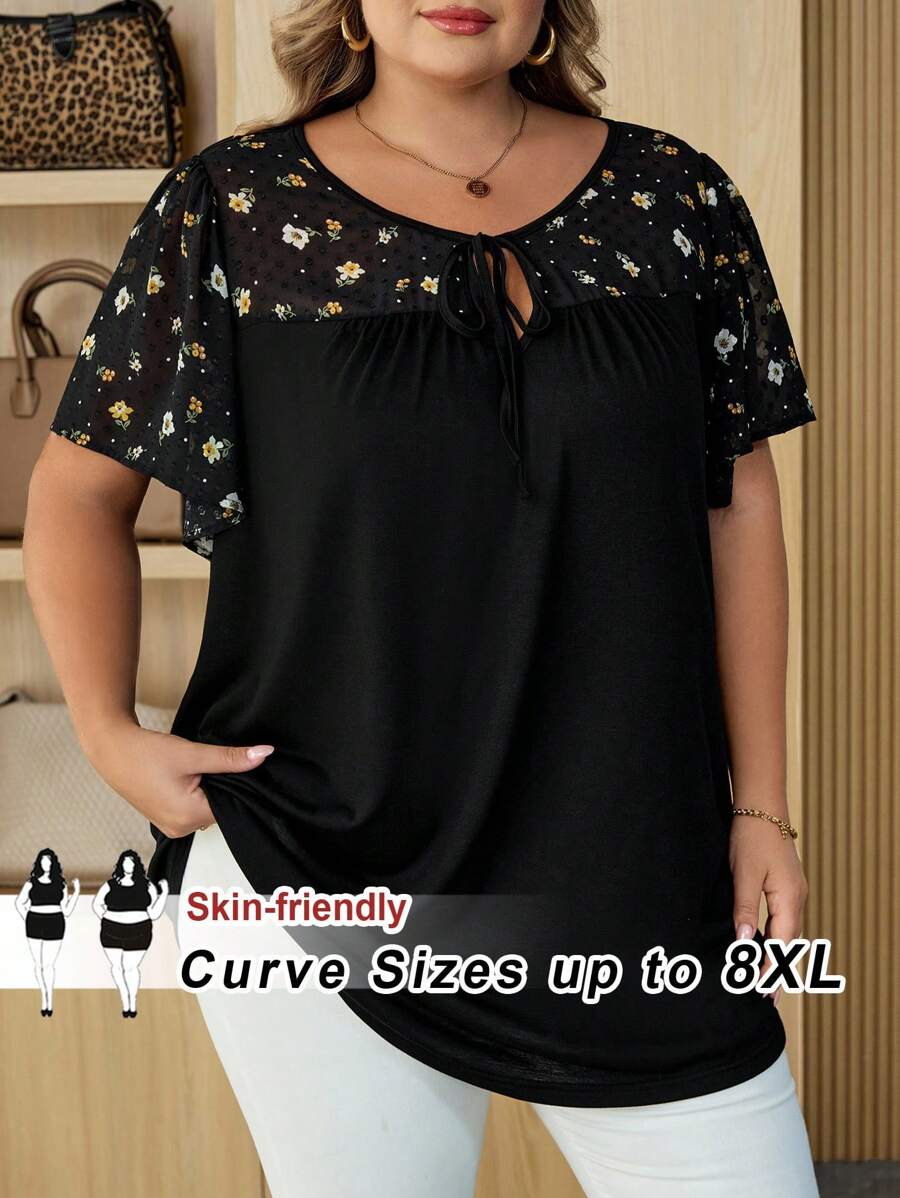 SHEIN CURVE+ 大码女式夏季花卉印花 V 领荷叶边短袖宽松妈妈衬衫大码上衣大码衬衫 8xl 女装 6xl 加大码女装大码休闲上衣秋季女装、冬季、CURVE PLUS - 彩色 - 查看 1