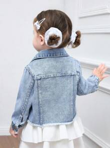 SHEIN 女婴Y2K可爱牛仔心形口袋长袖短外套，秋季儿童休闲舒适服，返校季服装，卡哇伊风，女婴冬季牛仔外套 - 淺色水洗藍 - 查看 2