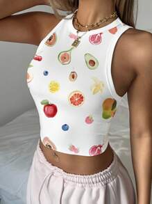 SHEIN EZwear 女士休闲简约圆领紧身樱桃蓝莓水果印花背心，适合夏季、返校、机场、可爱家居 - 彩色 - 查看 3