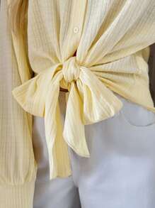 Easowa 秋季女装针织纹理面料衬衫，领口系带袖口长袖衬衫，复古风格，适合夏季/秋季穿着，90年代伊比沙岛风情，女士沙滩装/夏季波西米亚复古风黄色系带衬衫，浅黄色上衣，柠檬黄衬衫，秋季返校季可爱夏季上衣，商务休闲女装，办公室女装，工作上衣，外出上衣，女教师款，秋季女教师款，纽扣衬衫，可爱上衣，秋季校服衬衫 - 黃色 - 查看 6