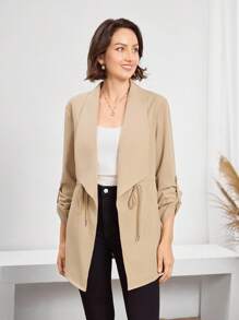 Miaspire Women's Casual Everyday Coat Autumn And Winter Casual Outing Occasions Lapel Waist Drawstring Ladies Modest Coat Autumn And Winter Teacher For Women Winter Country Airport - Apricot - View 3